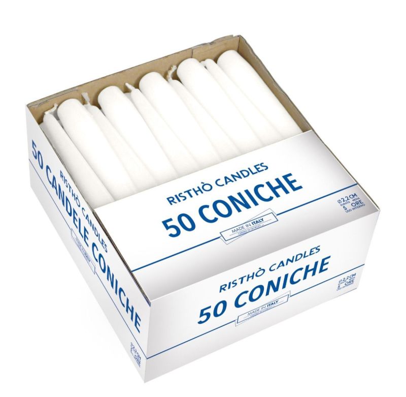 Set 50 Candele coniche Ø 2,2 cm h. 21 cm - durata circa 5 ore - VARI COLORI