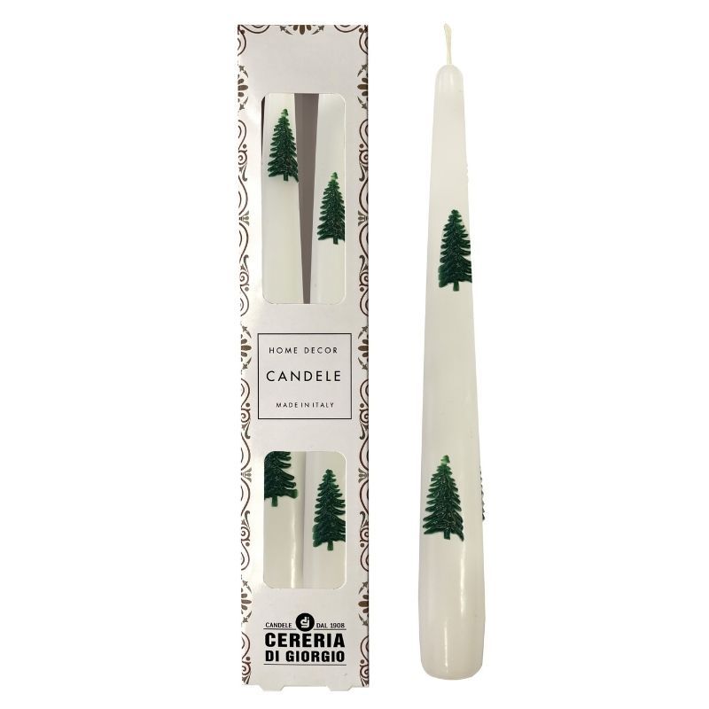 2 Candele Coniche Decorate con alberi verdi - Diametro 2.2 cm Altezza 25 cm - Durata 7 ore