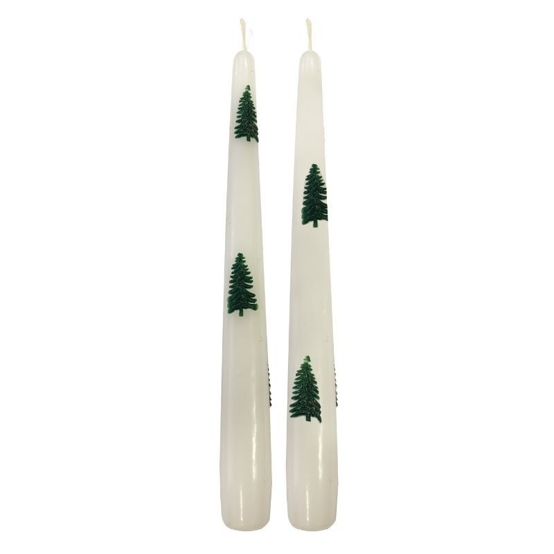 2 Candele Coniche Decorate con alberi verdi - Diametro 2.2 cm Altezza 25 cm - Durata 7 ore