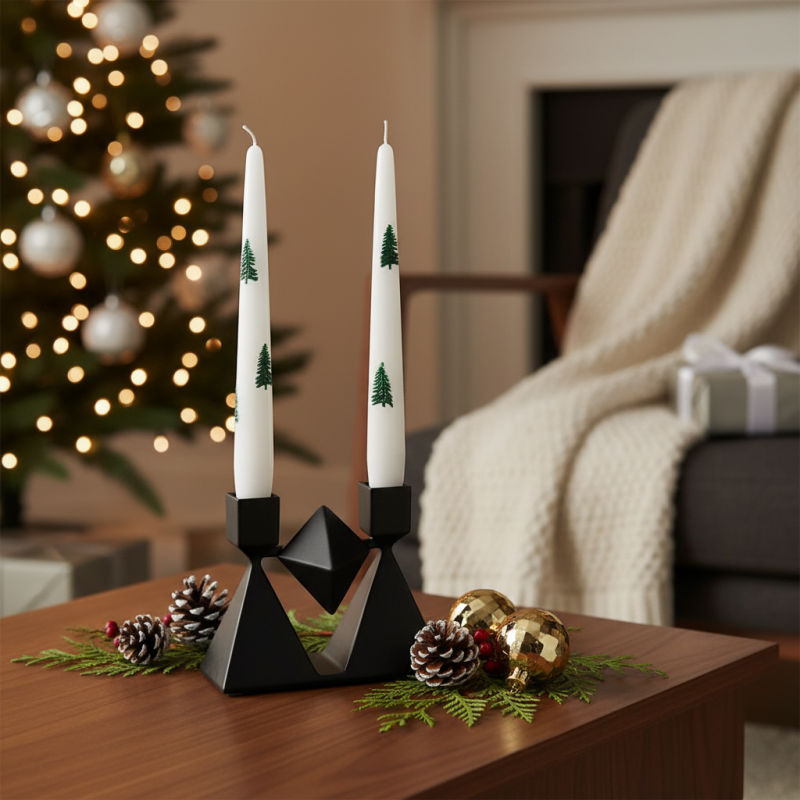 2 Candele Coniche Decorate con alberi verdi - Diametro 2.2 cm Altezza 25 cm - Durata 7 ore
