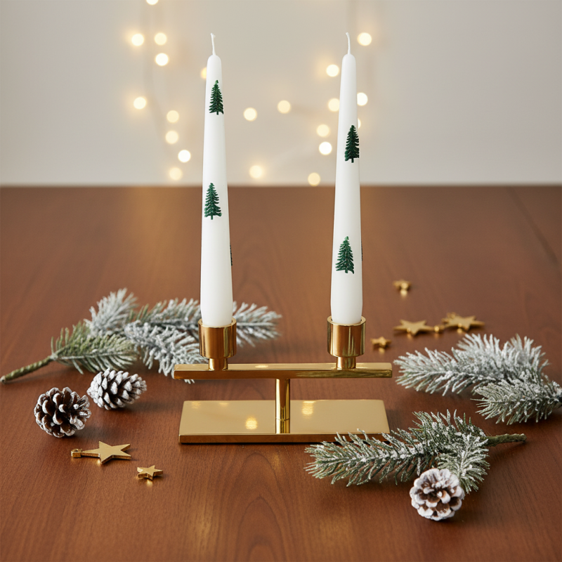 2 Candele Coniche Decorate con alberi verdi - Diametro 2.2 cm Altezza 25 cm - Durata 7 ore