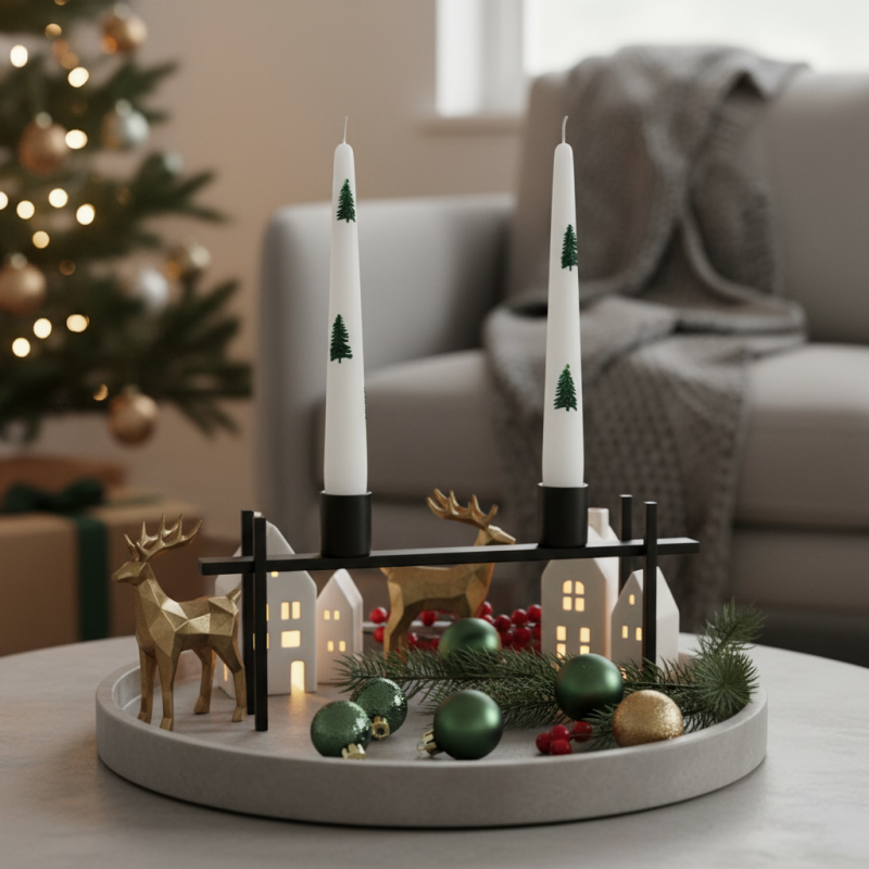 2 Candele Coniche Decorate con alberi verdi - Diametro 2.2 cm Altezza 25 cm - Durata 7 ore