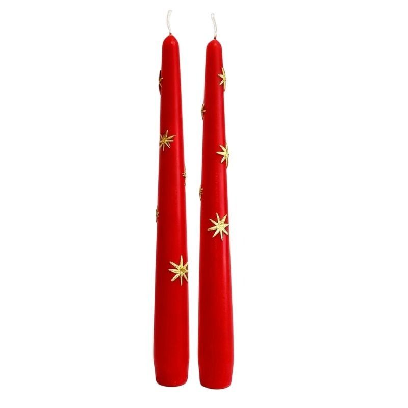 2 Candele Coniche Decorate con Stelle oro- Diametro 2.2 cm Altezza 25 cm - Durata 7 ore