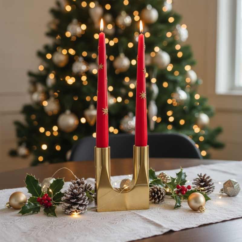 2 Candele Coniche Decorate con Stelle oro- Diametro 2.2 cm Altezza 25 cm - Durata 7 ore
