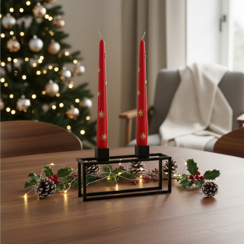 2 Candele Coniche Decorate con Stelle oro- Diametro 2.2 cm Altezza 25 cm - Durata 7 ore
