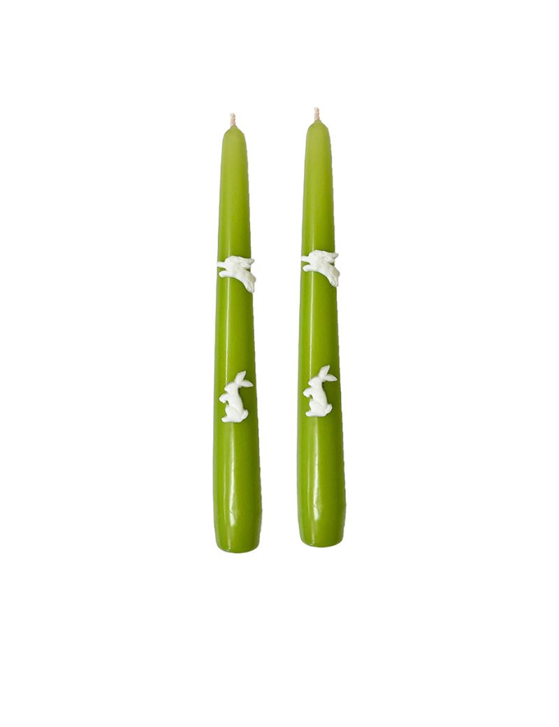 2 Candele Coniche con Coniglietti - Diametro 2,2 cm Altezza 25 cm - Colore Pistacchio 