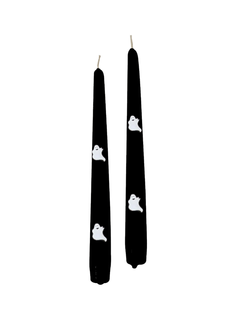  2 Candele Coniche con Fantasmini in cera  Ø 2,2 cm , h 25 cm -  Nero