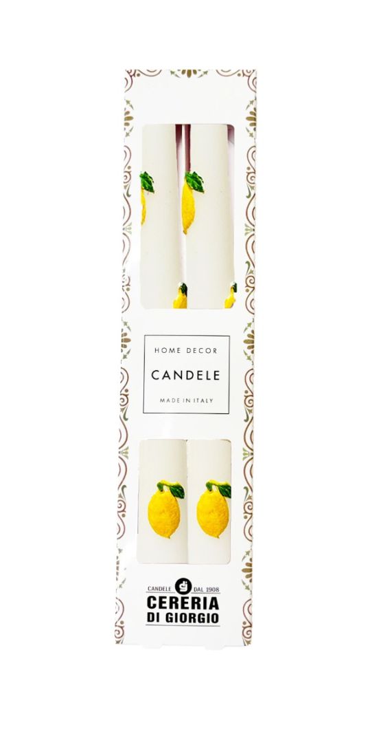 2 Candele Coniche con Limoni in cera  - Diametro 2,2 cm Altezza 25 cm - Colore Bianco
