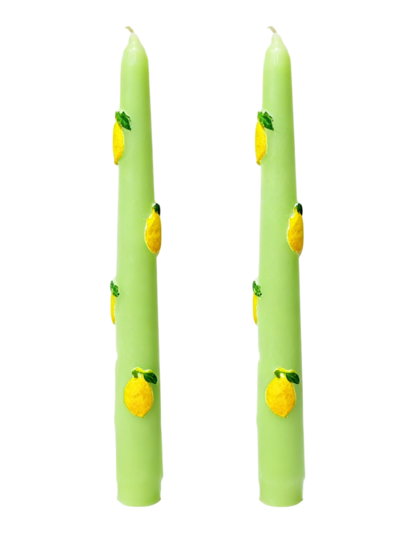 2 Candele Coniche con Limoni in cera  - Diametro 2,2 cm Altezza 25 cm - Colore Pistacchio