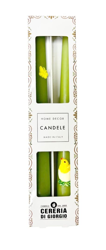 2 Candele Coniche con Farfalle e Pulcino in cera  - Diametro 2,2 cm Altezza 25 cm - Colore Verde Pistacchio