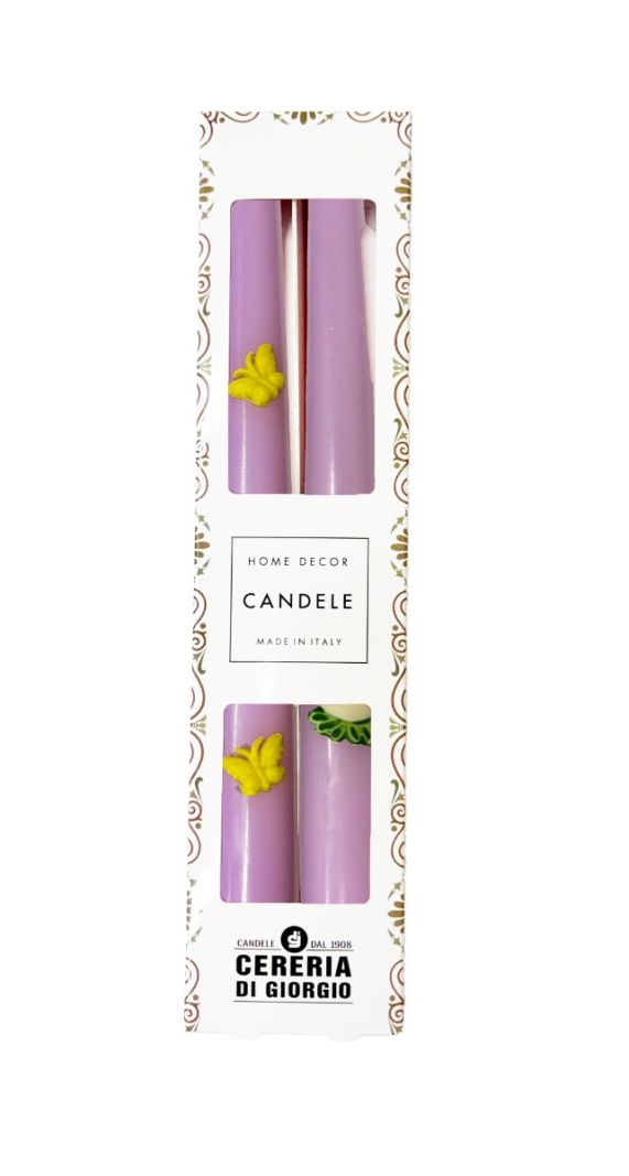 2 Candele Coniche con Farfalle e Pulcino in cera  - Diametro 2,2 cm Altezza 25 cm - Colore Viola Polvere