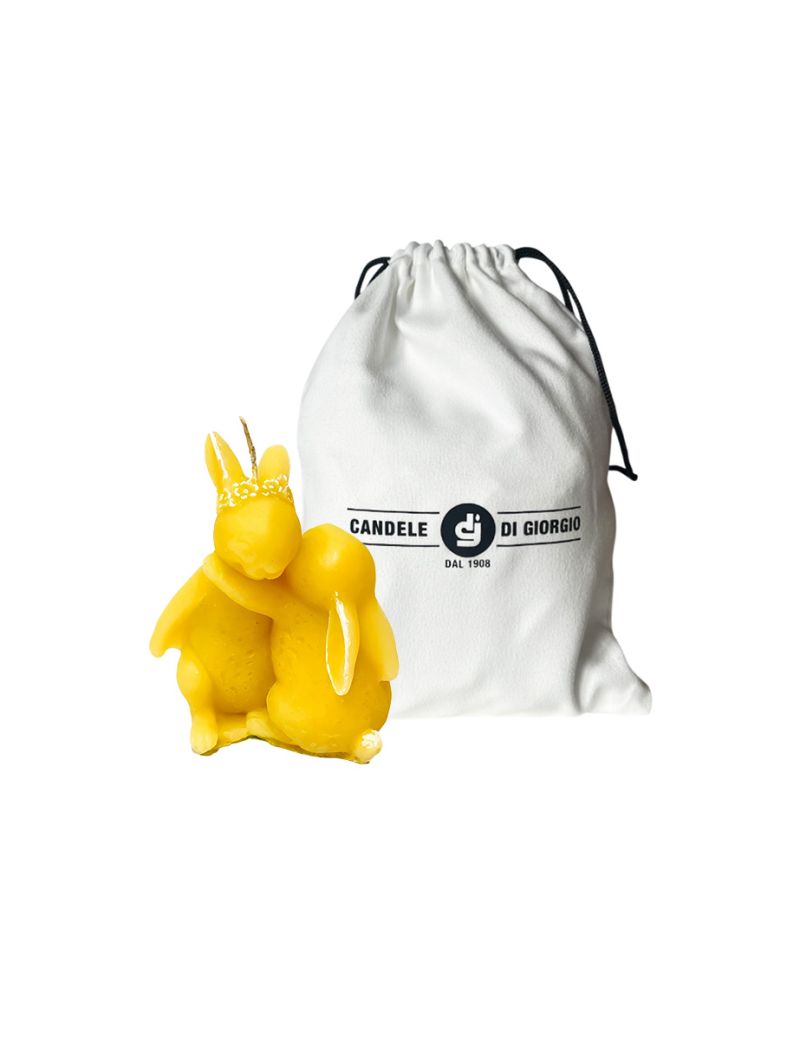 Candela a forma di coniglietti che si abbracciano - Colore Senape - Con sacchetto regalo