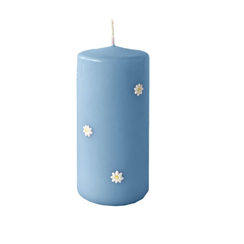 Cero con Margherite in cera Ø 7 cm h. 15 cm - Dusty Blu