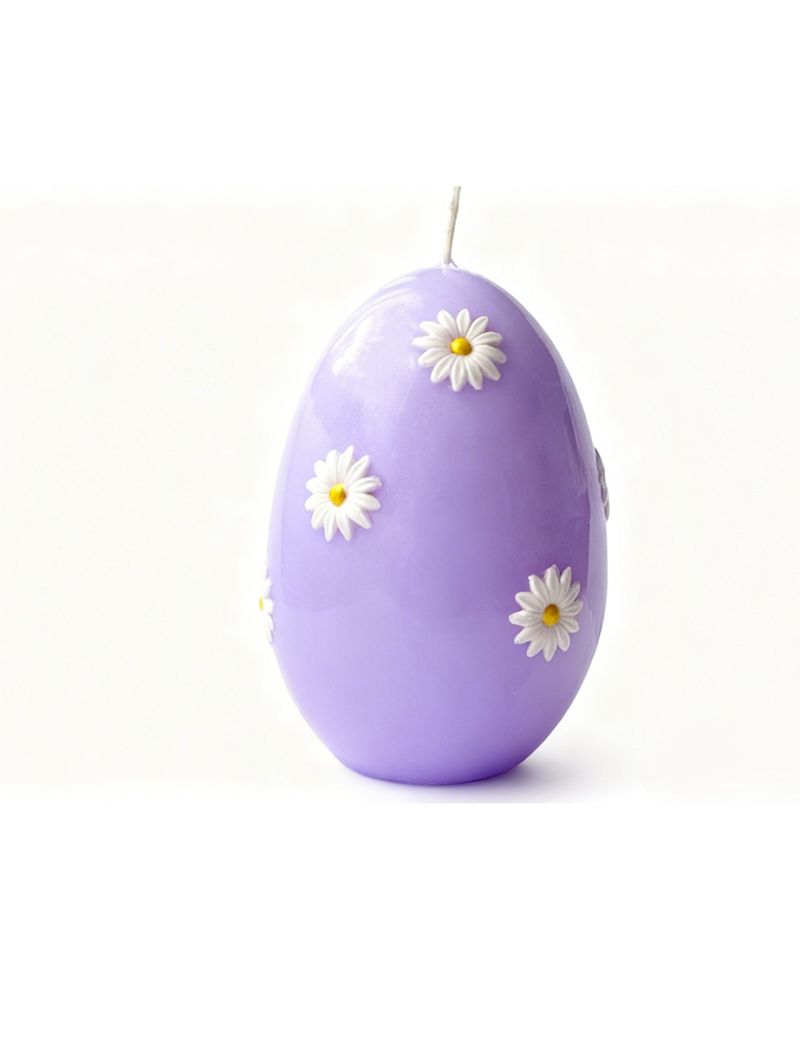 Candela a forma di Uovo con Maxi Margherite - Viola Polvere - h 14 cm