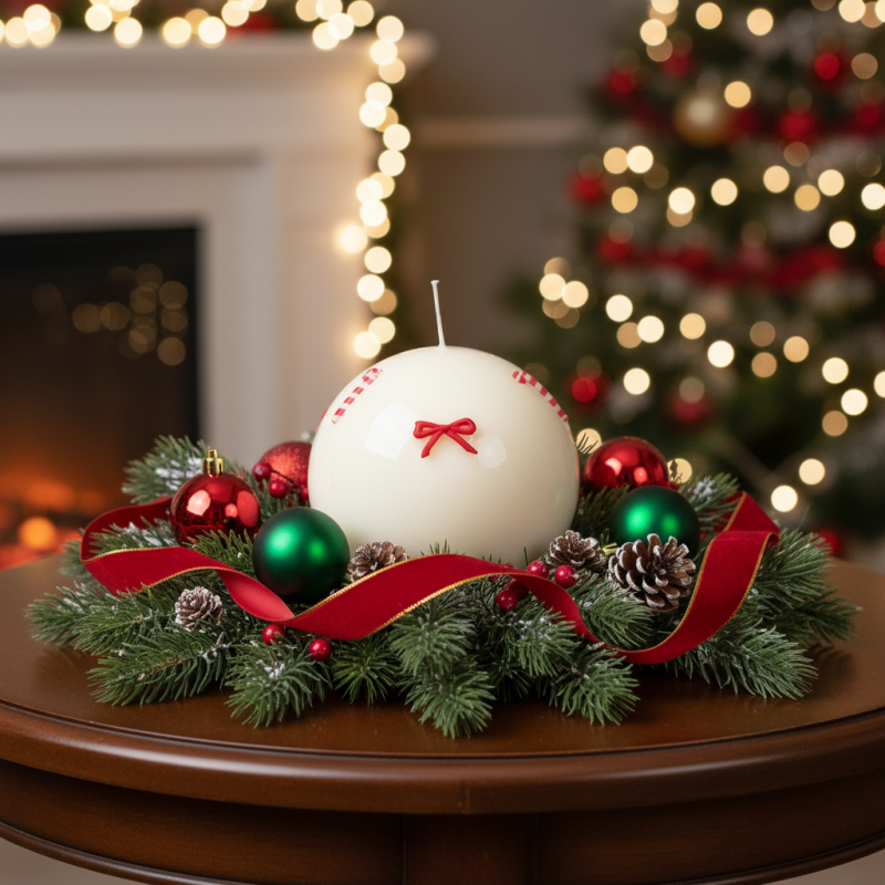 Candela Sfera Laccata Decorata con Fiocchi e Candy Canes - Diametro 10 cm - Durata 49 ore 