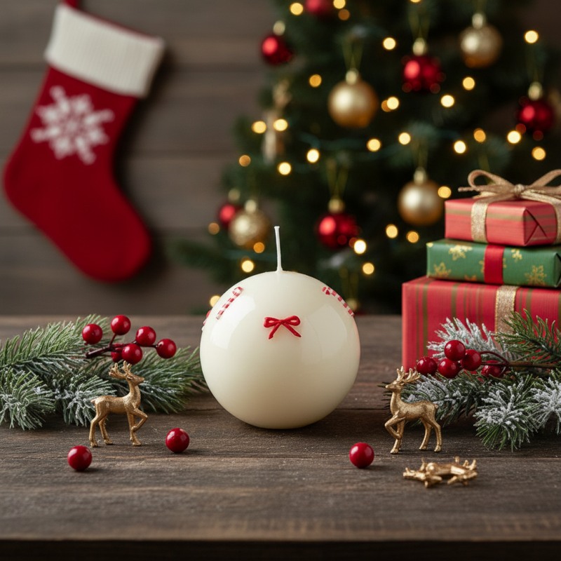 Candela Sfera Laccata Decorata con Fiocchi e Candy Canes - Diametro 10 cm - Durata 49 ore 