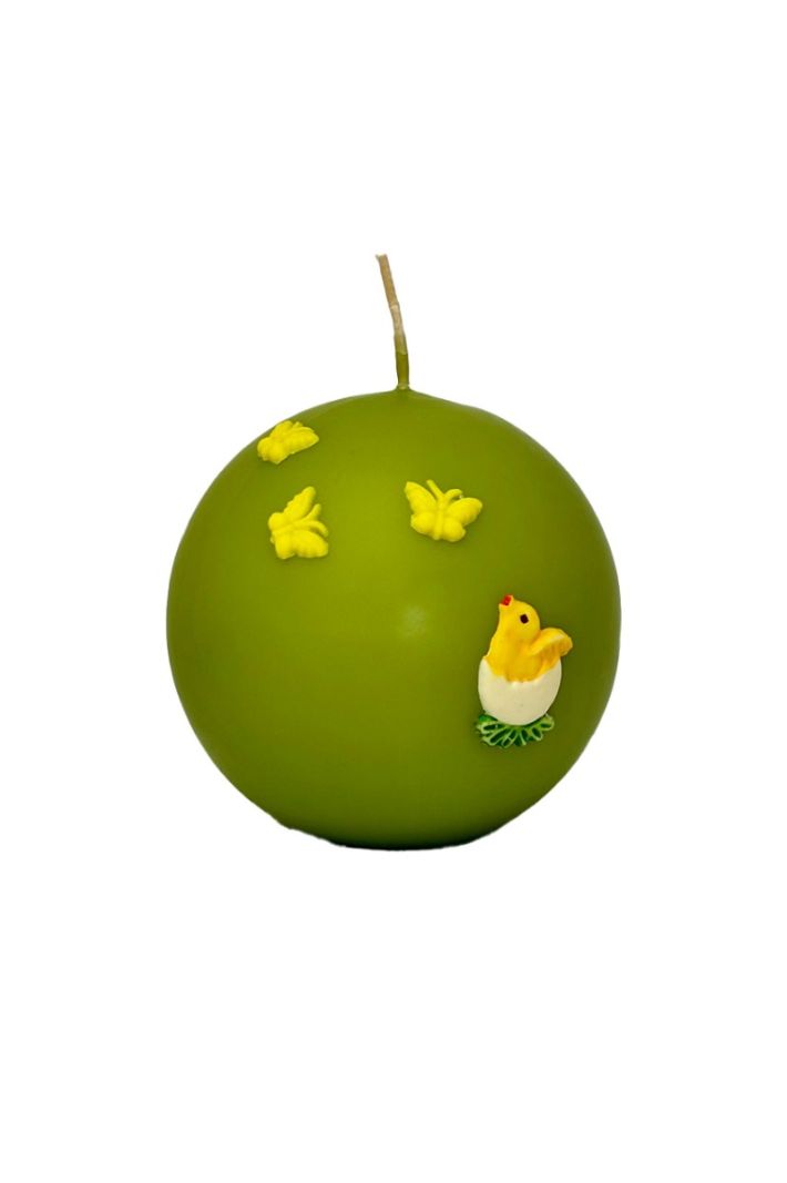 Candela Sfera diametro 10 cm con Farfalle e Pulcino in cera - Colore Pistacchio