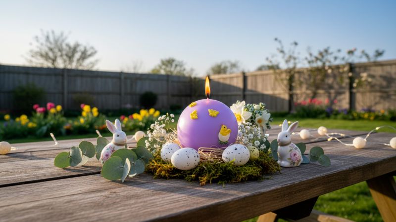 Candela Sfera diametro 10 cm con Farfalle e Pulcino in cera - Colore Viola Polvere