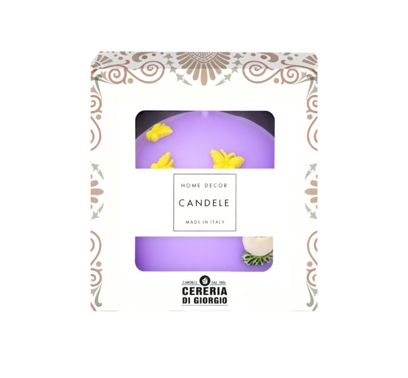 Candela Sfera diametro 10 cm con Farfalle e Pulcino in cera - Colore Viola Polvere