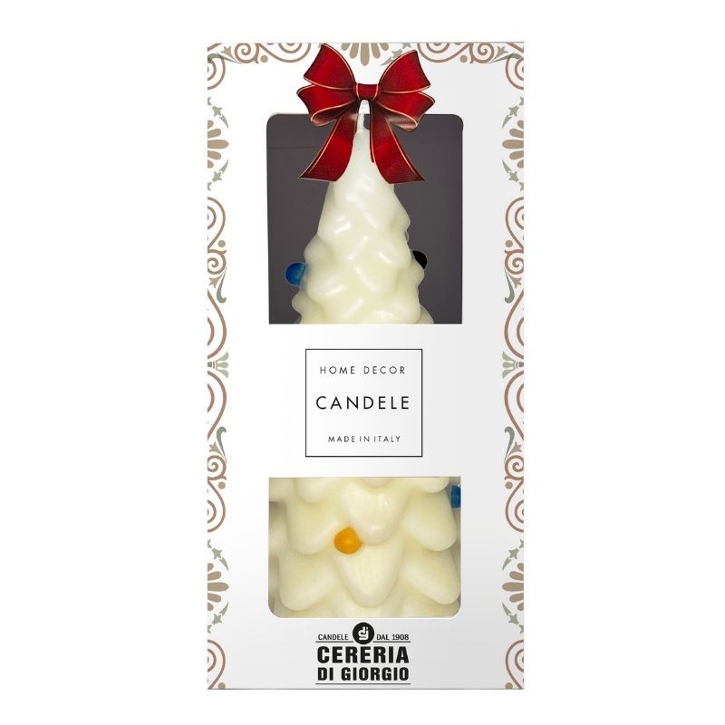 Candela Laccata a forma di Albero di Natale con Palline Colorate - Altezza 19 cm - Vari Colori