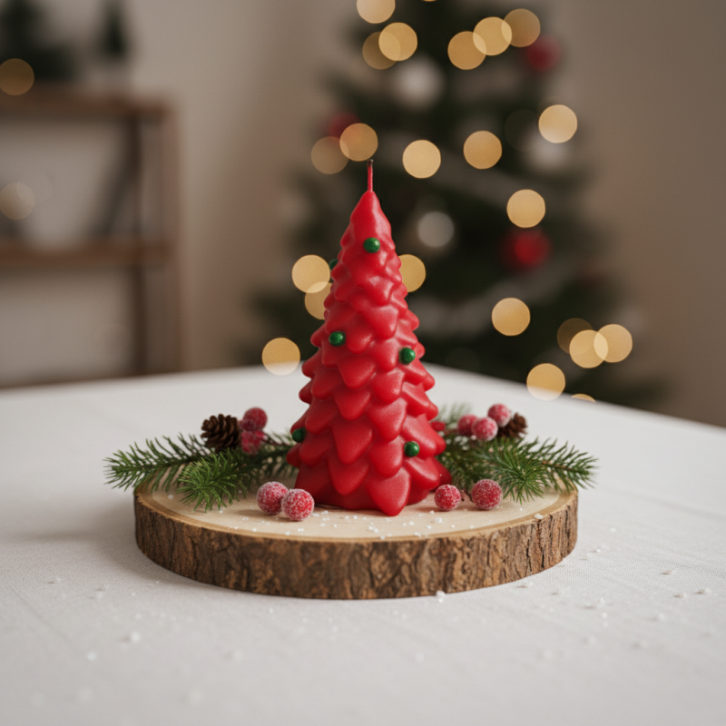 Candela Laccata a forma di Albero di Natale con Palline Colorate - Colore Rosso- Altezza 19 cm