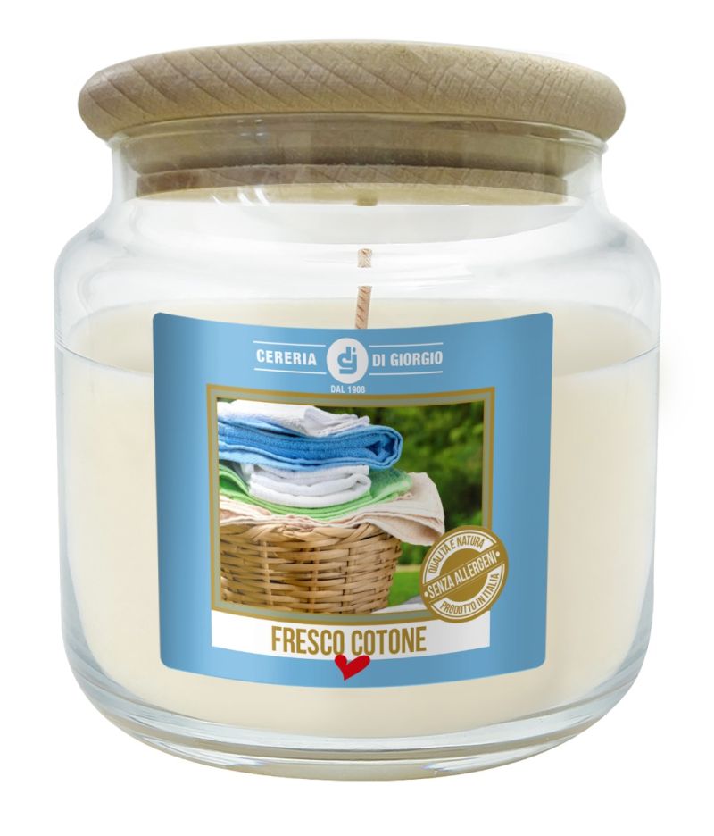 Candela in Giara di Vetro Profumata al Cotone - Fragranza Senza Allergeni - Diametro 10 cm Altezza 11 cm - Durata 80 ore