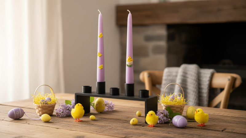 2 Candele Coniche con Farfalle e Pulcino in cera  - Diametro 2,2 cm Altezza 25 cm - Colore Viola Polvere