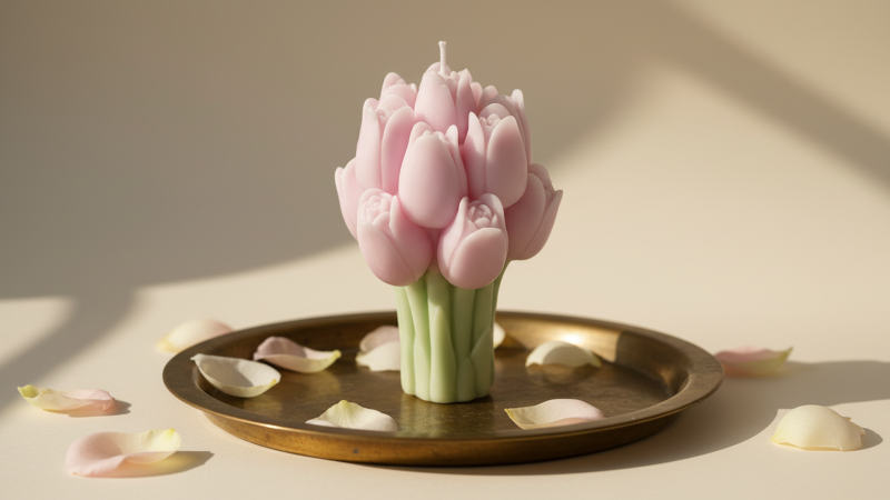 Candela a forma di mazzolino di tulipani - h 9 cm - Rosa Polvere
