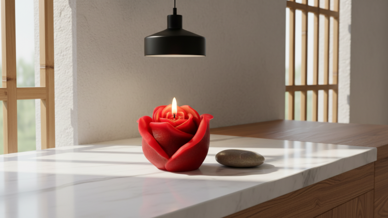 Candela a forma di Bocciolo di Rosa - Colore Rosso - Diametro 8 cm altezza 8 cm - con Sacchetto Regalo