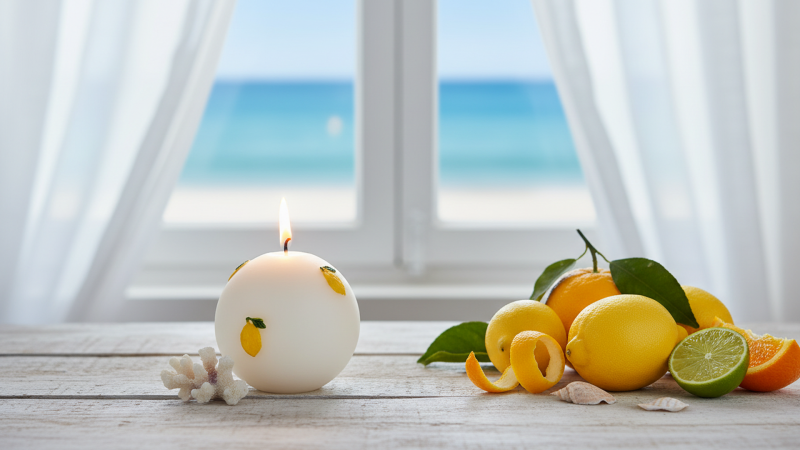 Candela Sfera diametro 10 cm con limoni in cera - Colore Bianco
