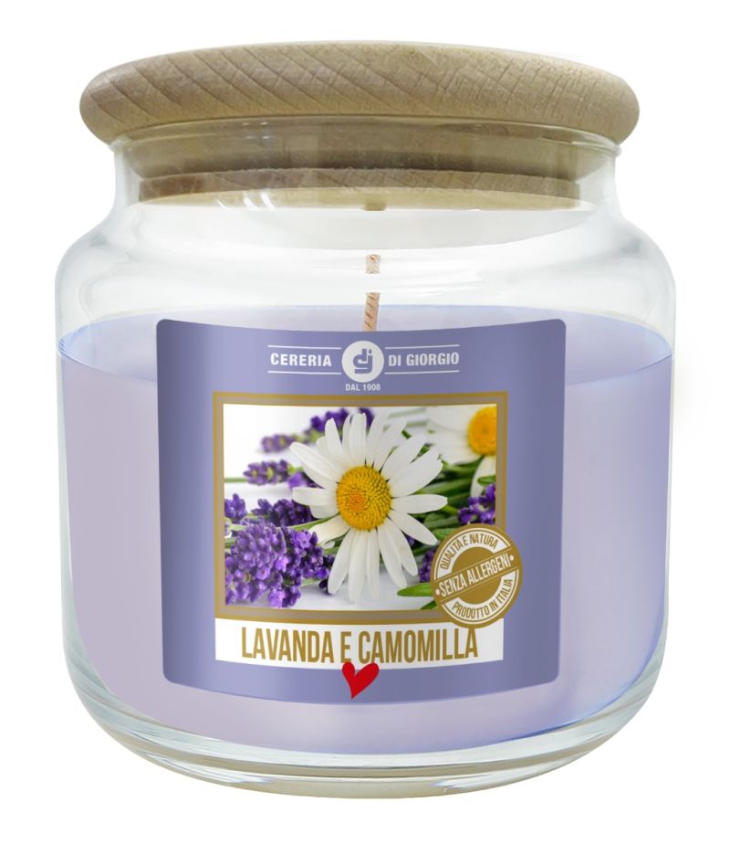 Candela in Giara di Vetro Profumata alla Lavanda e Camomilla - Fragranza Senza Allergeni - Diametro 10 cm Altezza 11 cm - Durata 80 ore