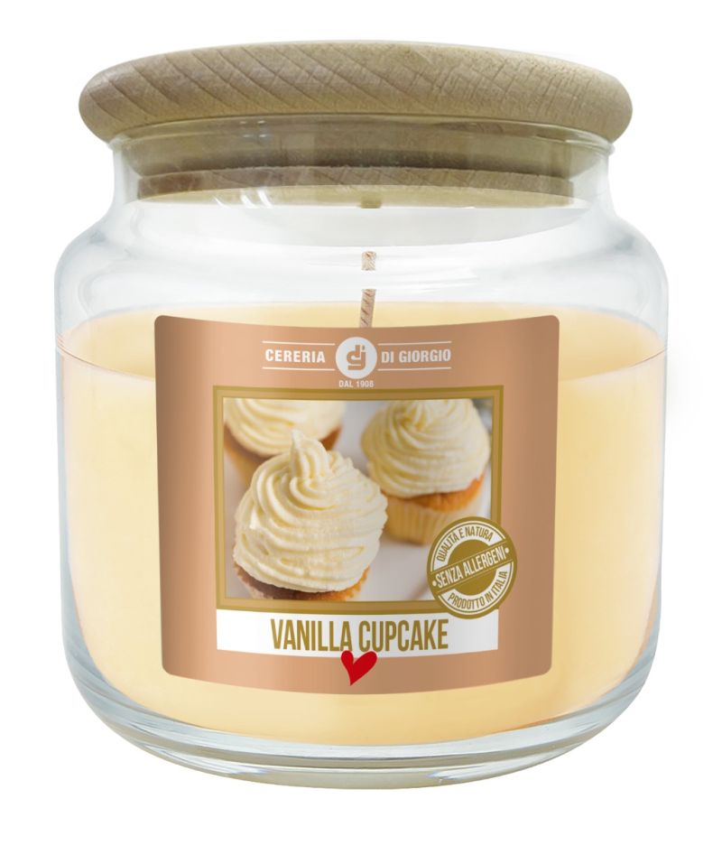 Candela in Giara di Vetro Profumata alla Vaniglia Cupcake - Fragranza Senza Allergeni - Diametro 10 cm Altezza 11 cm - Durata 80 Ore