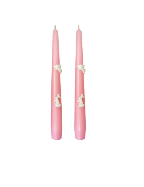 2 Candele Coniche con Coniglietti - Diametro 2,2 cm Altezza 25 cm - Colore Rosa Polvere 