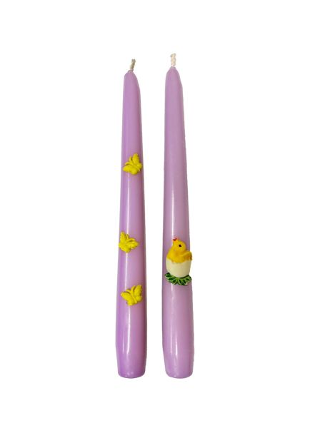 2 Candele Coniche con Farfalle e Pulcino in cera  - Diametro 2,2 cm Altezza 25 cm - Colore Viola Polvere