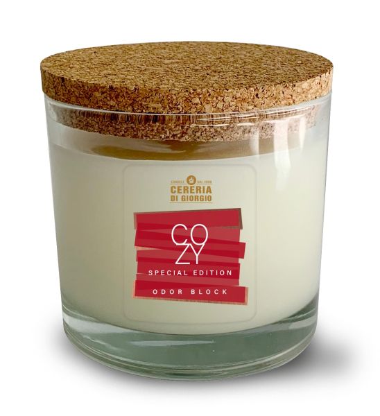 Candela Vegetale Vegana  in bicchiere con coperchio in sughero Odor Block - Arancia & Cannella 50 ORE