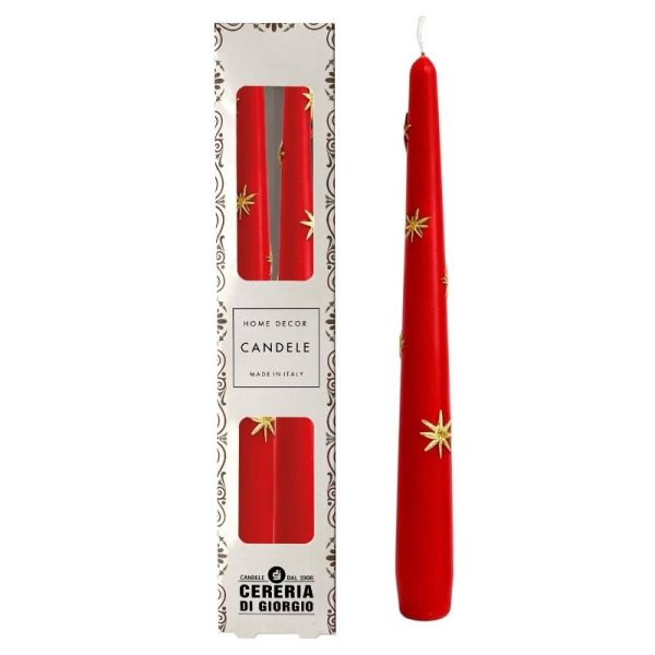 2 Candele Coniche Decorate con Stelle oro- Diametro 2.2 cm Altezza 25 cm - Durata 7 ore