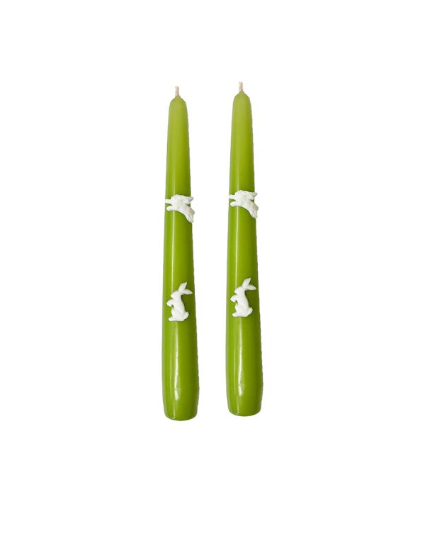 2 Candele Coniche con Coniglietti - Diametro 2,2 cm Altezza 25 cm - Colore Pistacchio 