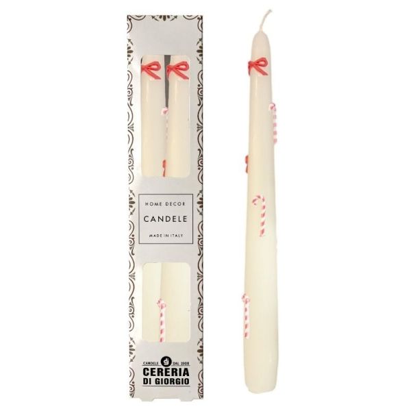2 Candele Coniche Decorate con Fiocchi e Candy Canes - Diametro 2.2 cm Altezza 25 cm - Durata 7 ore