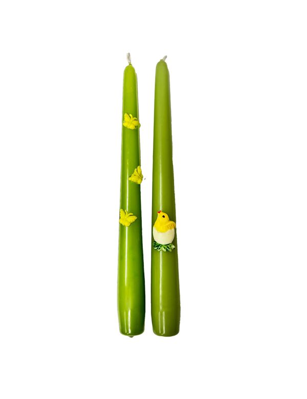 2 Candele Coniche con Farfalle e Pulcino in cera  - Diametro 2,2 cm Altezza 25 cm - Colore Verde Pistacchio