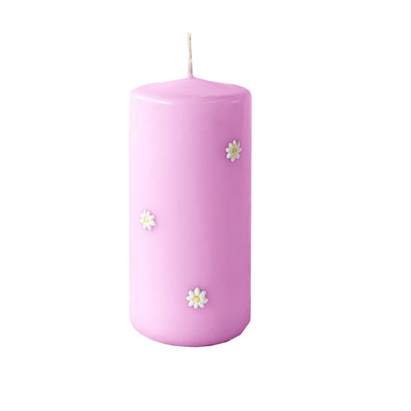 Cero con Margherite in cera Ø 7 cm h. 15 cm - Rosa Polvere
