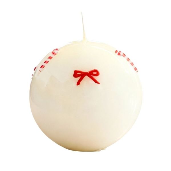 Candela Sfera Laccata Decorata con Fiocchi e Candy Canes - Diametro 10 cm - Durata 49 ore 