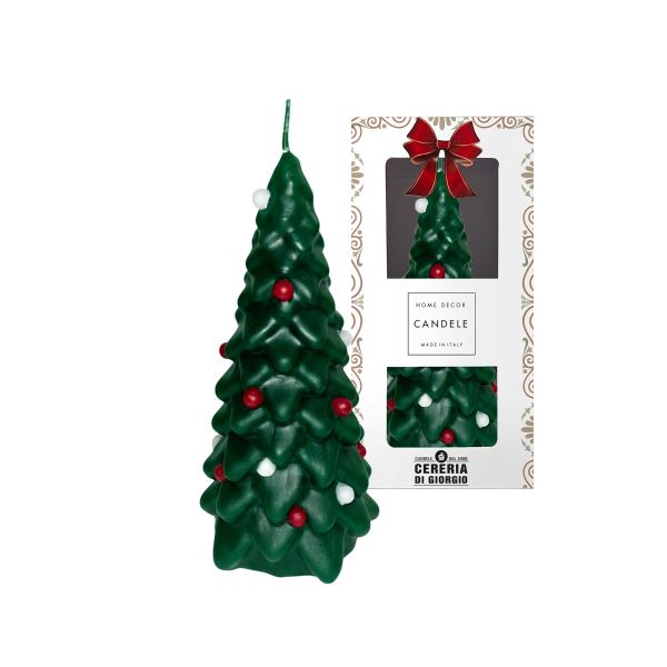 Candela Laccata a forma di Albero di Natale con Palline Colorate - Colore Verde - Altezza 19 cm