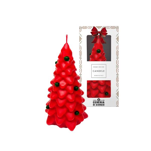 Candela Laccata a forma di Albero di Natale con Palline Colorate - Colore Rosso- Altezza 19 cm