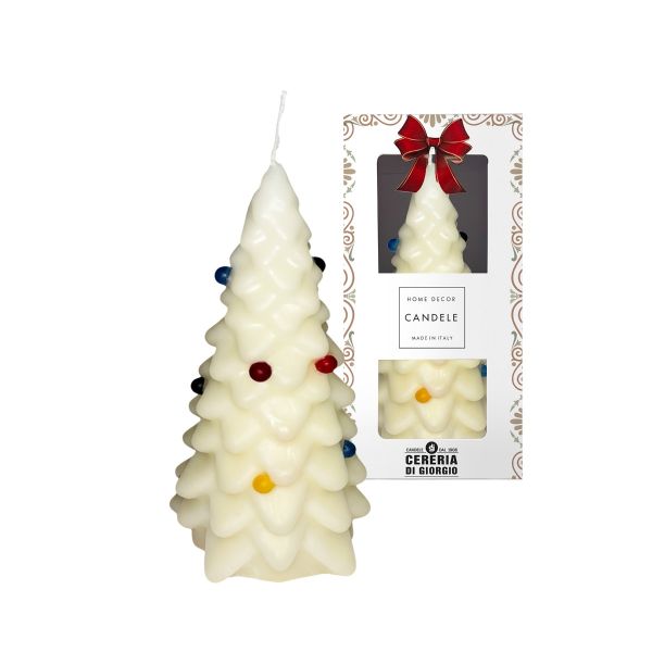 Candela Laccata a forma di Albero di Natale con Palline Colorate - Colore Panna - Altezza 19 cm