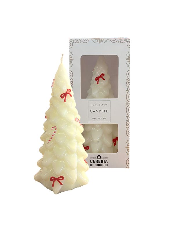Candela Laccata a forma di Albero di Natale con Candy Canes e Fiocchi Rossi - Colore Panna