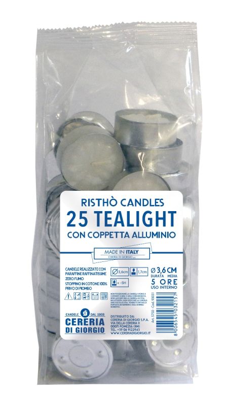 Tealight Ø 3,6 cm h. 1,7 cm 25 pezzi - Durata 5 ore