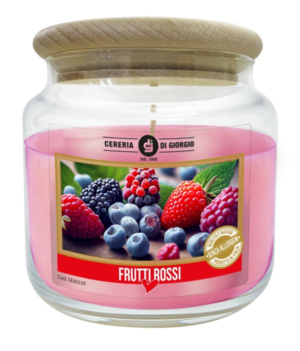 Candela in Giara di Vetro Profumata ai Frutti Rossi - Fragranza Senza Allergeni - Diametro 10 cm Altezza 11 cm - Durata 80 Ore