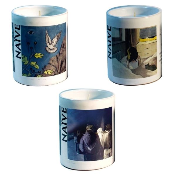 Candela Vegetale Vegana profumata in bicchiere in vaso di porcellana con decorazione artistica - Collezione Naive - 44 ORE - VARIE PROFUMAZIONI 
