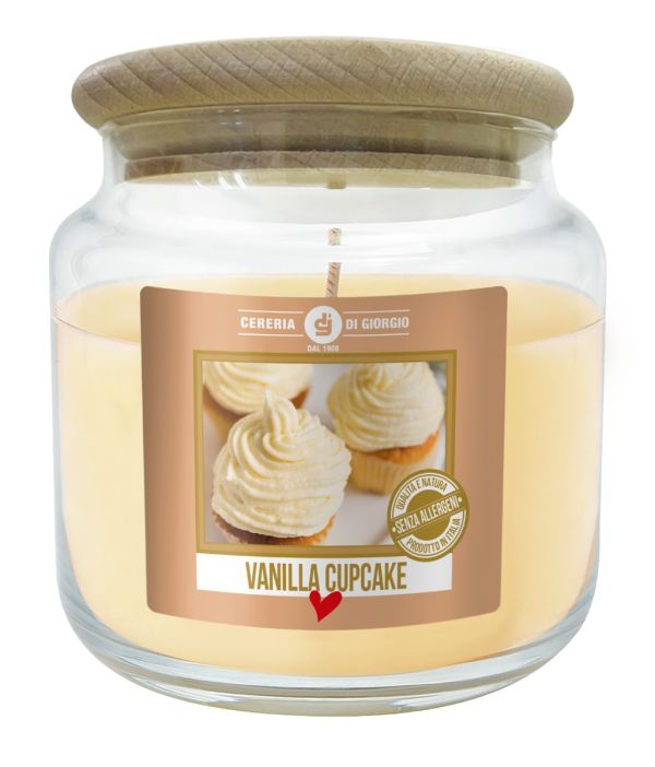 Candela in Giara di Vetro Profumata alla Vaniglia Cupcake - Fragranza Senza Allergeni - Diametro 10 cm Altezza 11 cm - Durata 80 Ore