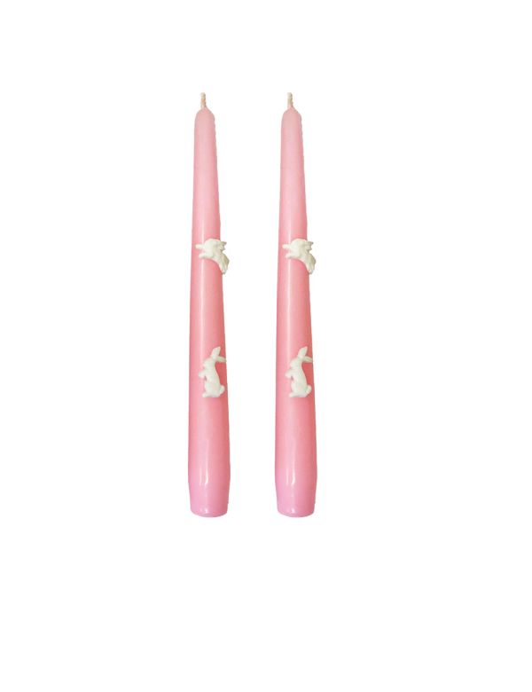 2 Candele Coniche con Coniglietti - Diametro 2,2 cm Altezza 25 cm - Colore Rosa Polvere 